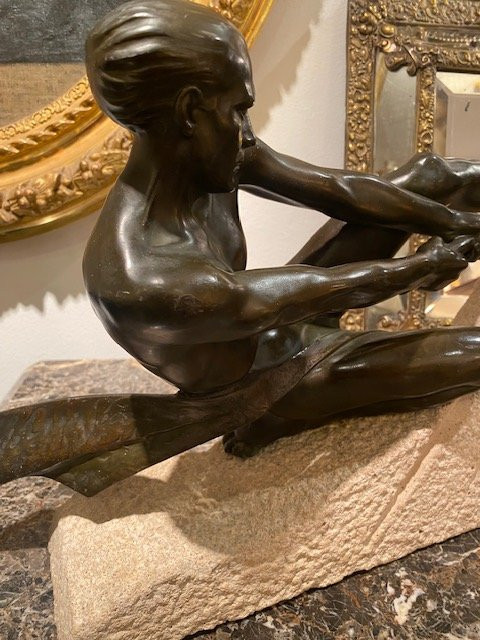 Max Le Verrier (1891-1973) - Art Deco Sculpture Of A Rope Athlete, France 1937-photo-3