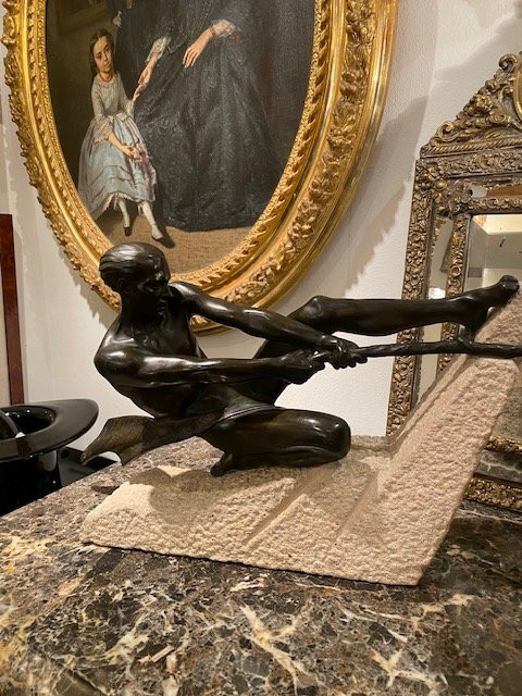 Max Le Verrier (1891-1973) - Art Deco Sculpture Of A Rope Athlete, France 1937-photo-1