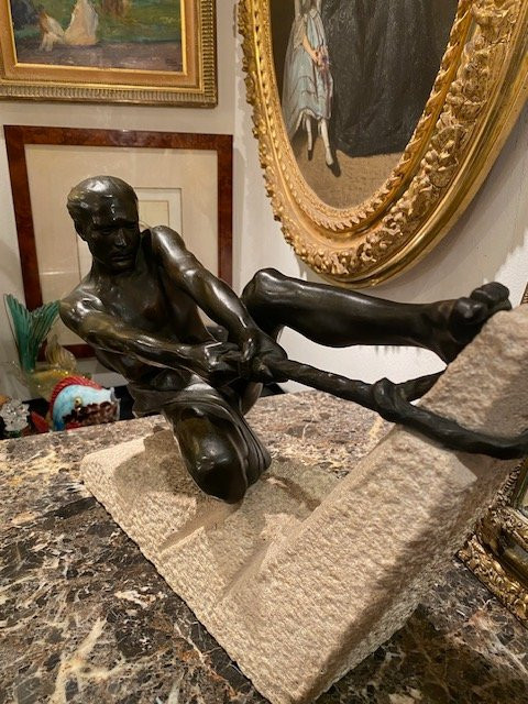 Max Le Verrier (1891-1973) - Art Deco Sculpture Of A Rope Athlete, France 1937-photo-3