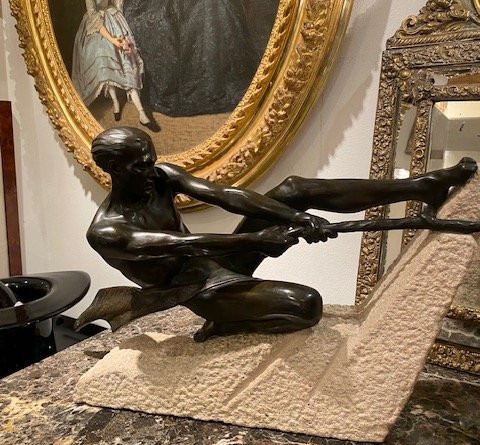 Max Le Verrier (1891-1973) – Sculpture Art Déco athlète à la corde, France 1937-photo-1