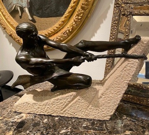 Max Le Verrier (1891-1973) – Sculpture Art Déco athlète à la corde, France 1937-photo-2