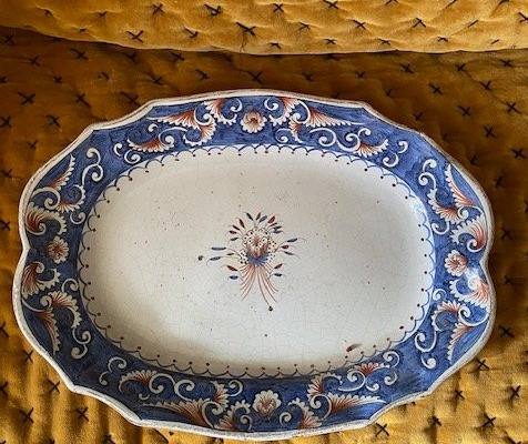 Large Rouen Earthenware Dish XVIIIᵉ - Floral Basket Décor, Large Blue And Red Flames-photo-2