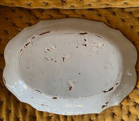 Large Rouen Earthenware Dish XVIIIᵉ - Floral Basket Décor, Large Blue And Red Flames-photo-4