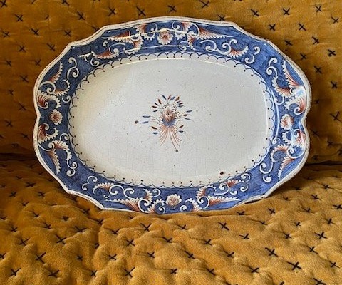Large Rouen Earthenware Dish XVIIIᵉ - Floral Basket Décor, Large Blue And Red Flames-photo-1