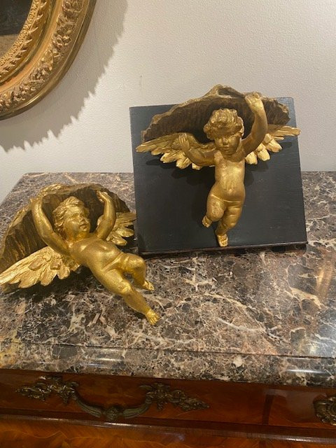Pair Of Italian Sconce Brackets In Carved And Gilded Wood With Putti - Early XIXᵉ Century-photo-2