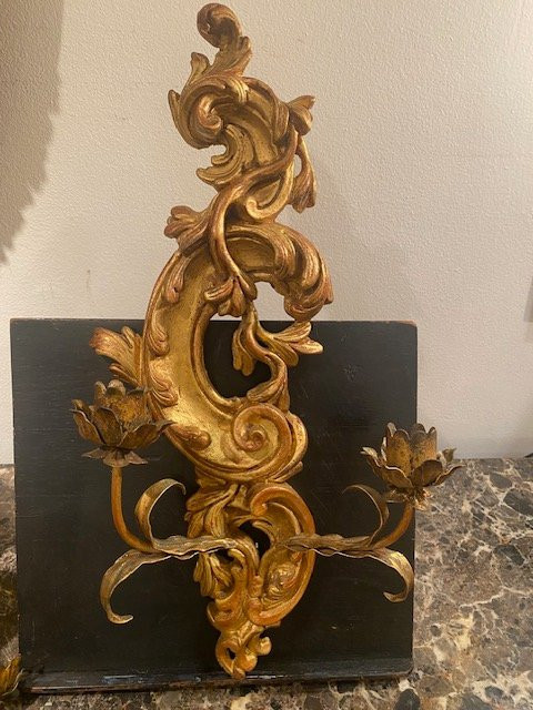 Pair Of Florentine Wall Sconces In Carved And Gilded Wood - Rocaille Style, Circa 1870-photo-3