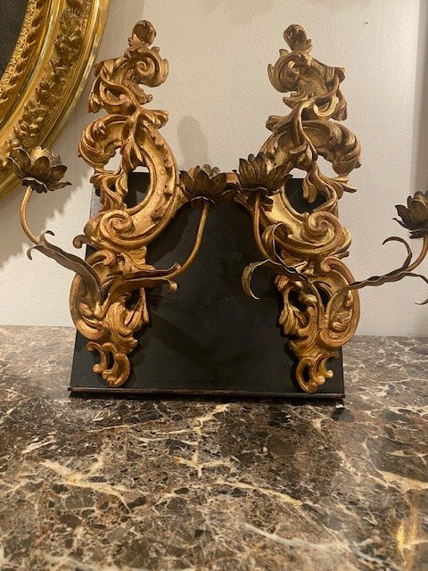 Pair Of Florentine Wall Sconces In Carved And Gilded Wood - Rocaille Style, Circa 1870-photo-4