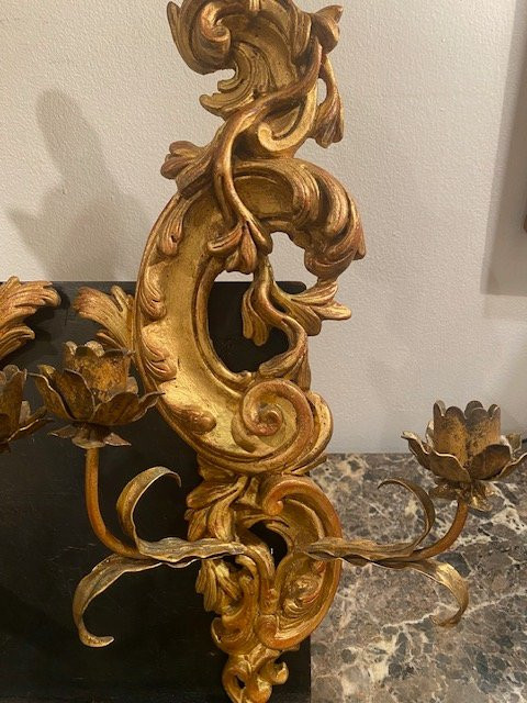 Pair Of Florentine Wall Sconces In Carved And Gilded Wood - Rocaille Style, Circa 1870-photo-7