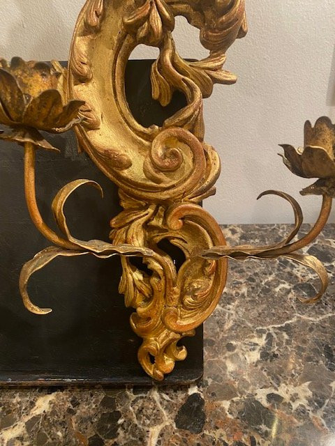 Pair Of Florentine Wall Sconces In Carved And Gilded Wood - Rocaille Style, Circa 1870-photo-8