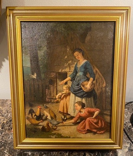 Germain Paget (1817-1884) – Jeune mère et ses enfants dans une Scène de basse-cour