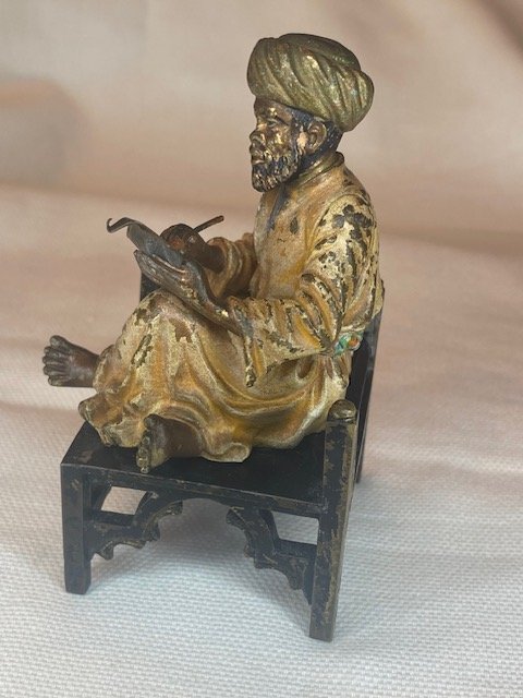 Orientalist Bronze From Vienna – Bedouin Writing While Seated On A Stool-photo-1
