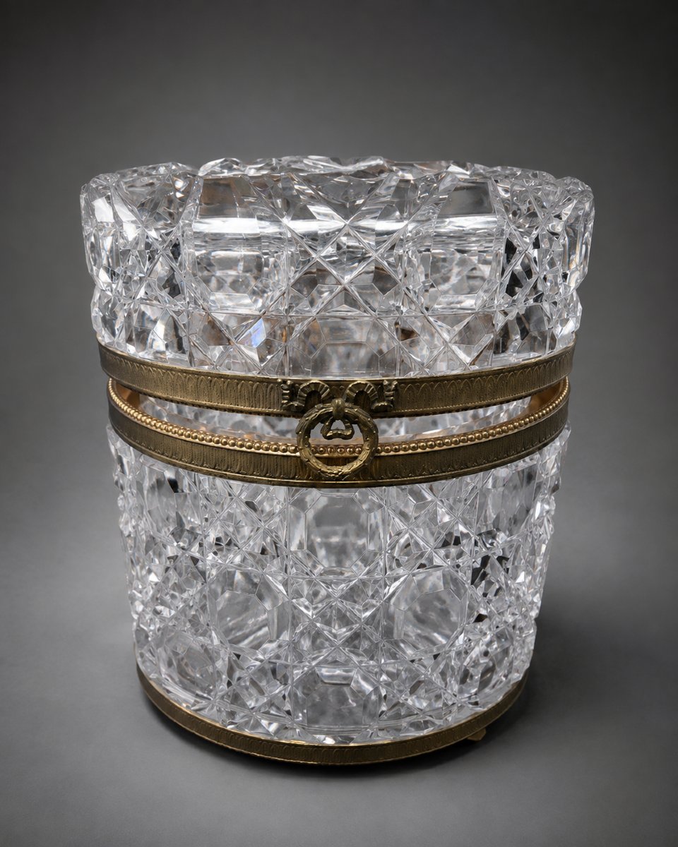 Rare Cut-glass Cookie Box Attributed To Creusot – Gilded Bronze Frame – Period-photo-1