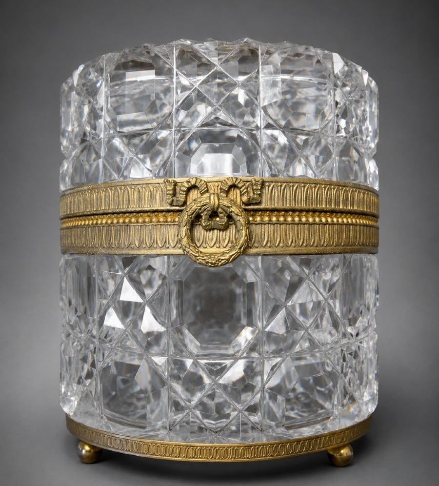 Rare Cut-glass Cookie Box Attributed To Creusot – Gilded Bronze Frame – Period