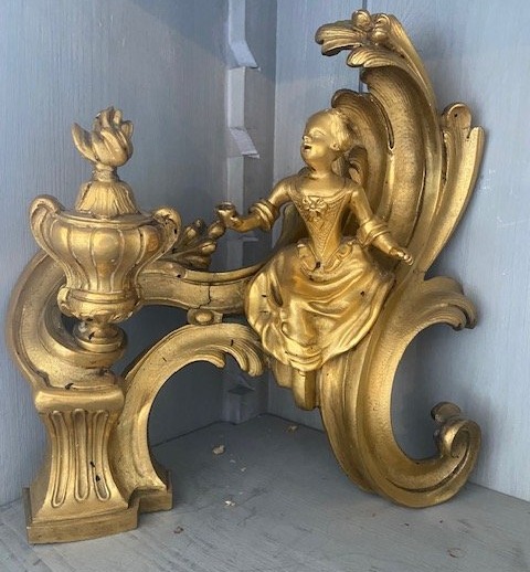 Rare paire de chenets en bronze finement ciselé et doré – Époque Louis XV, vers 1750-photo-2