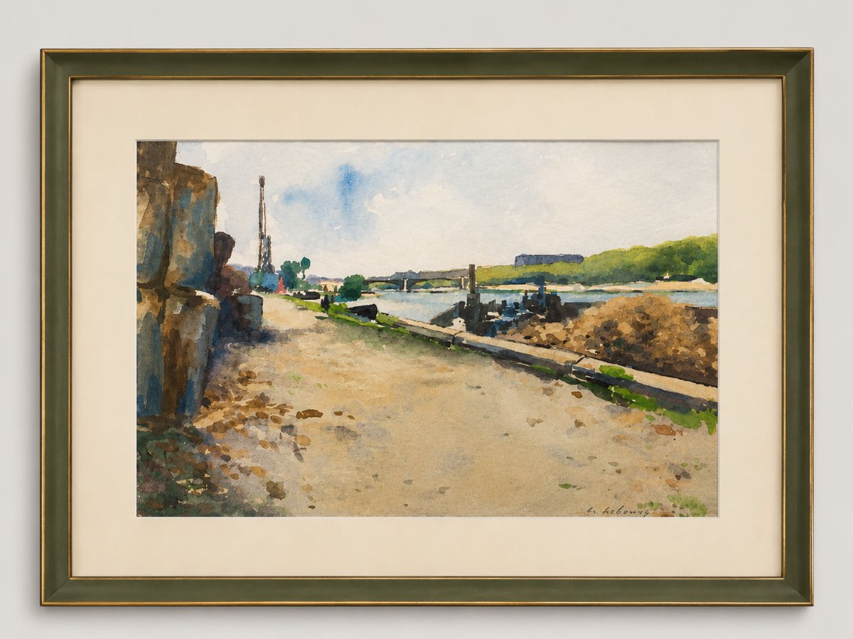 Albert Lebourg (1849-1928) – Aquarelle, Péniche sur les bords de Seine, vers 1900