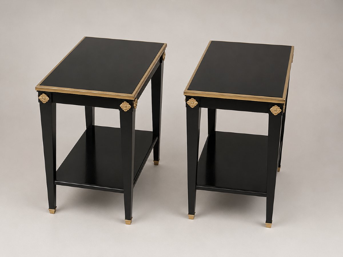 Pair Of Maison Jansen End Tables – Solid Mahogany With A Black-lacquered Top-photo-5