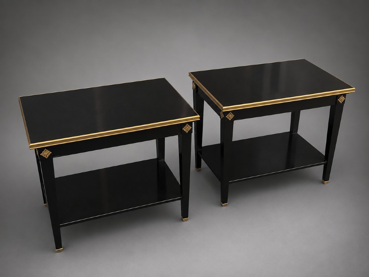 Pair Of Maison Jansen End Tables – Solid Mahogany With A Black-lacquered Top-photo-7