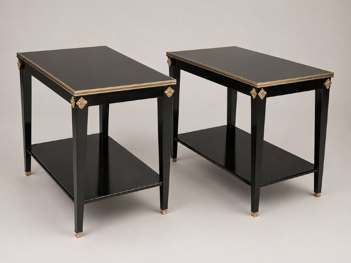Pair Of Maison Jansen End Tables – Solid Mahogany With A Black-lacquered Top