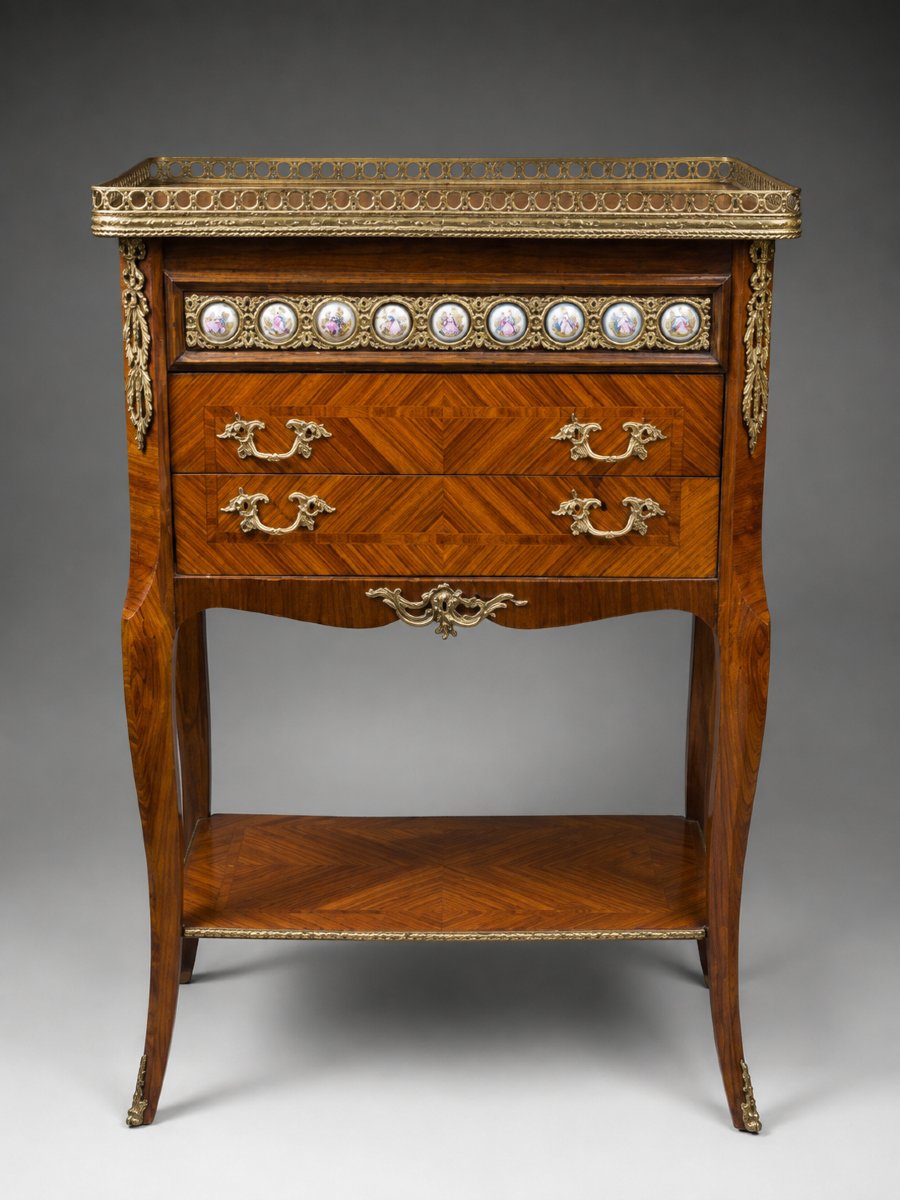 Table d'entre-deux Napoléon III en marqueterie, bronzes et médaillons en porcelaine -photo-2
