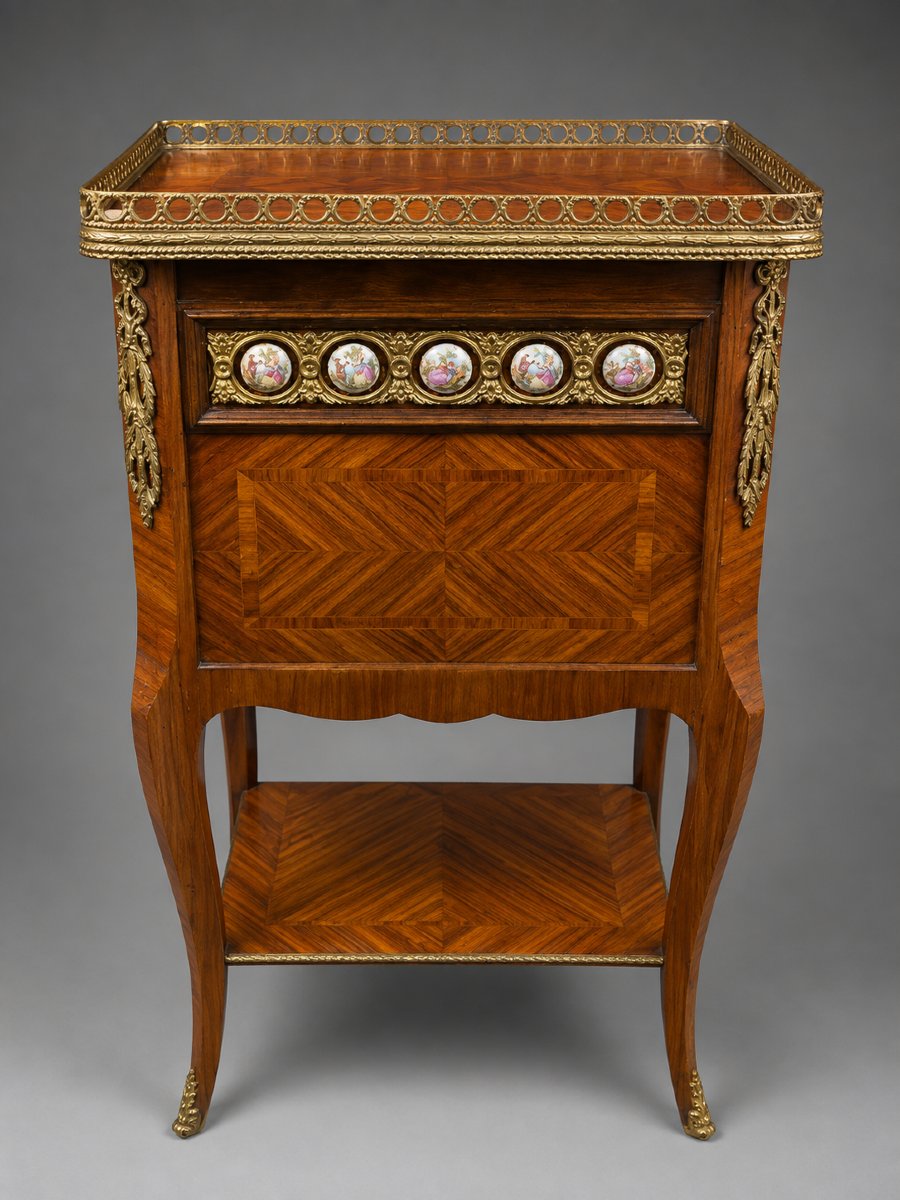 Table d'entre-deux Napoléon III en marqueterie, bronzes et médaillons en porcelaine -photo-4