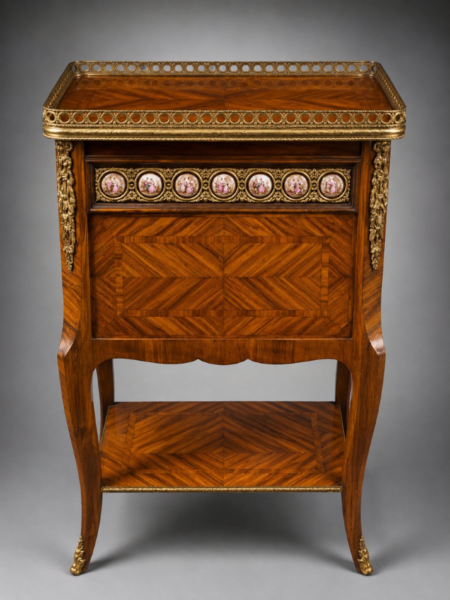 Table d'entre-deux Napoléon III en marqueterie, bronzes et médaillons en porcelaine -photo-3