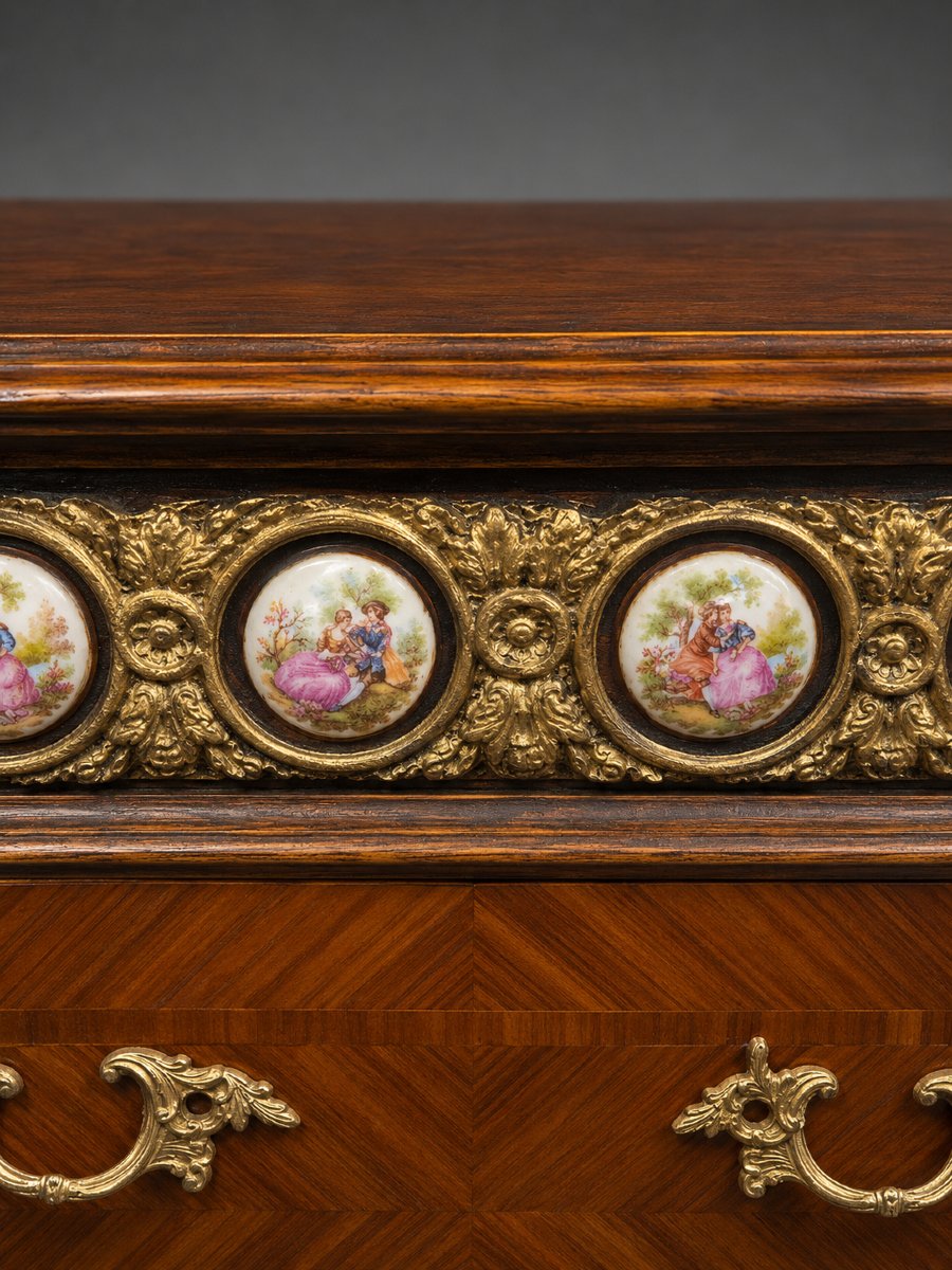 Table d'entre-deux Napoléon III en marqueterie, bronzes et médaillons en porcelaine -photo-4