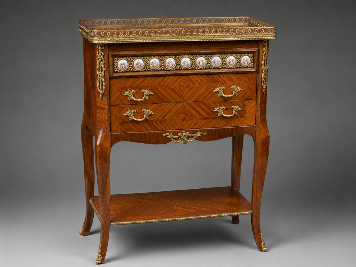 Table d'entre-deux Napoléon III en marqueterie, bronzes et médaillons en porcelaine 