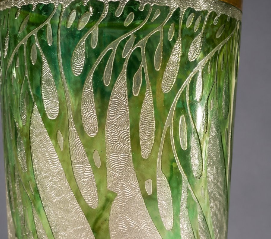 Pair Of Acid-etched Green Crystal Vases, Attributed To Baccarat, With Gilded Bronze Bases-photo-6