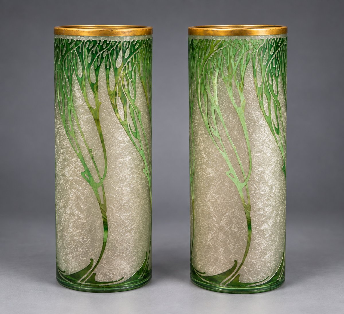 Pair Of Acid-etched Green Crystal Vases, Attributed To Baccarat, With Gilded Bronze Bases
