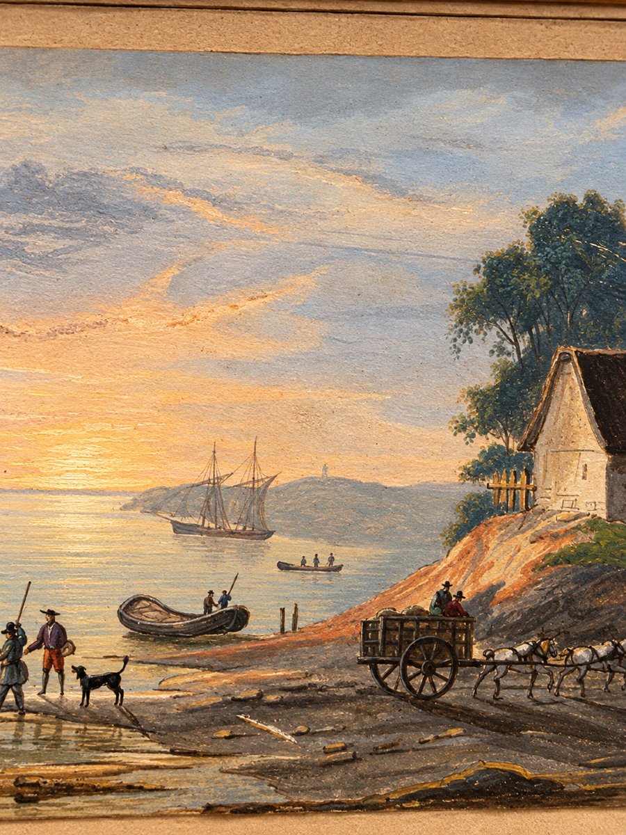 William Payne (1760–1830), Attributed To – View Of A Small Harbor In Cornwall, Gouache On Paper-photo-4