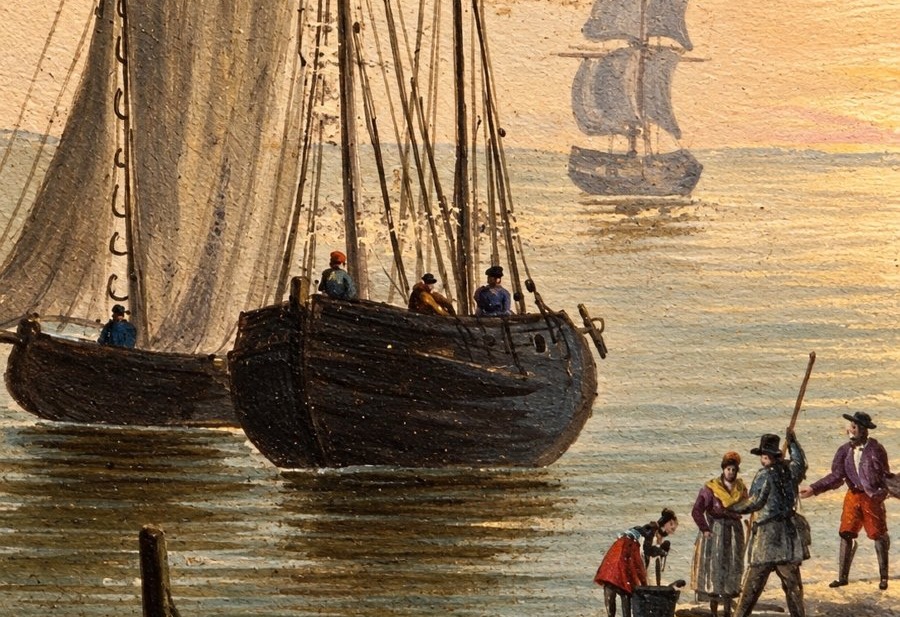 William Payne (1760–1830), Attributed To – View Of A Small Harbor In Cornwall, Gouache On Paper-photo-4