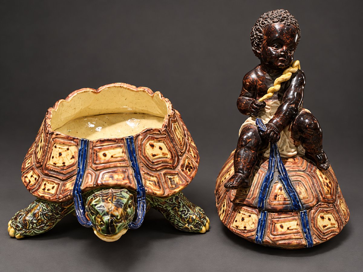 Attribué à Thomas-Victor Sergent – Jeune garçon africain chevauchant une tortue – Faïence polyc-photo-3