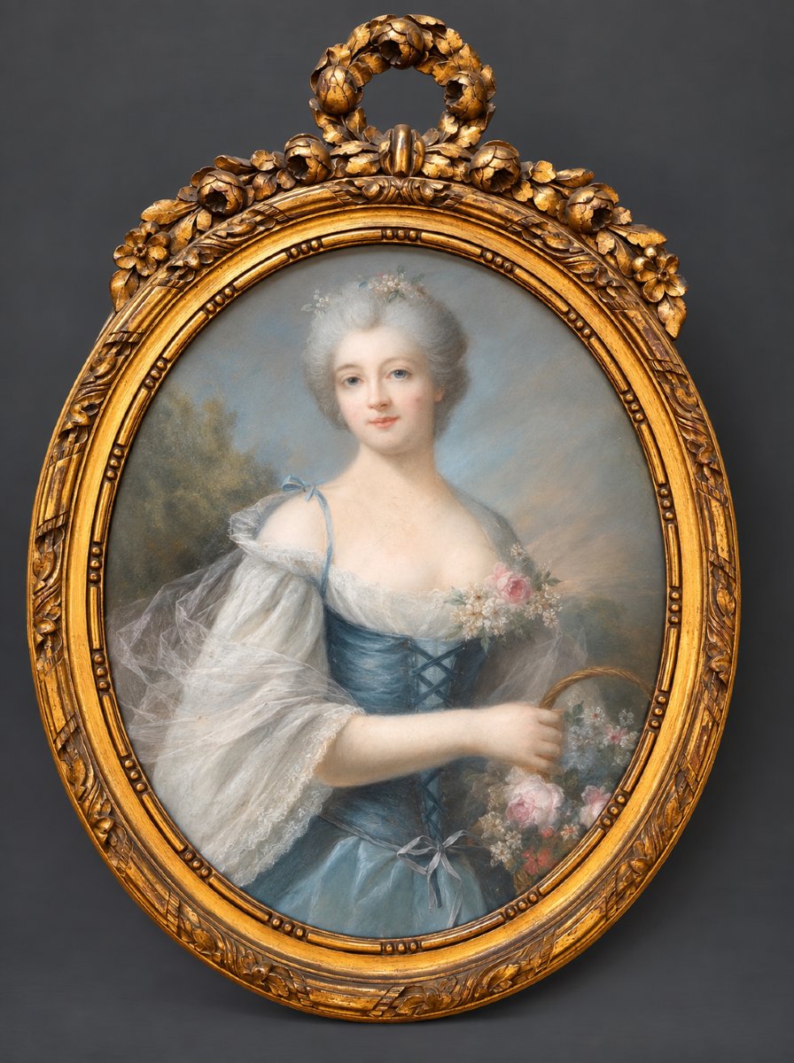 Portrait de jeune femme au bouquet – Pastel – XVIIIe siècle – Cadre Louis XVI