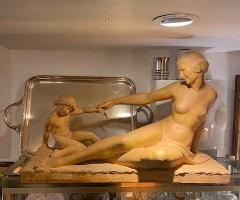 Marcel Bouraine (1886-1948) – « Mère et enfant » – Importante terre cuite Art déco-photo-2