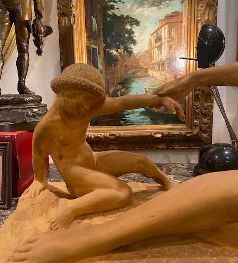 Marcel Bouraine (1886-1948) – « Mère et enfant » – Importante terre cuite Art déco-photo-1