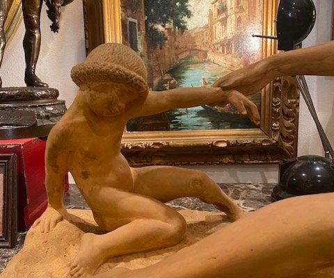 Marcel Bouraine (1886-1948) – « Mère et enfant » – Importante terre cuite Art déco-photo-2