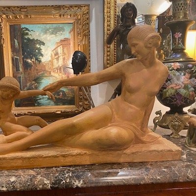 Marcel Bouraine (1886-1948) – « Mère et enfant » – Importante terre cuite Art déco-photo-6