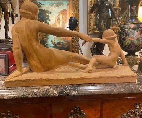 Marcel Bouraine (1886-1948) – « Mère et enfant » – Importante terre cuite Art déco-photo-7