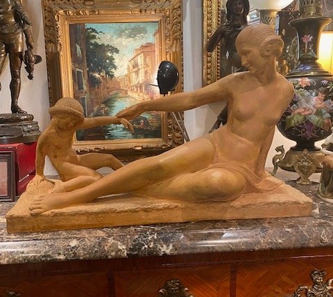Marcel Bouraine (1886-1948) – « Mère et enfant » – Importante terre cuite Art déco