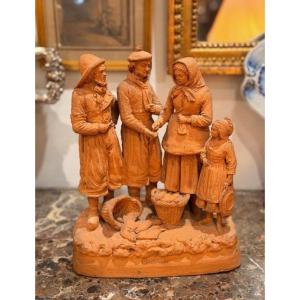 Eugène Blot (1830-1899) Terre cuite représentant une scène de marché aux poissons