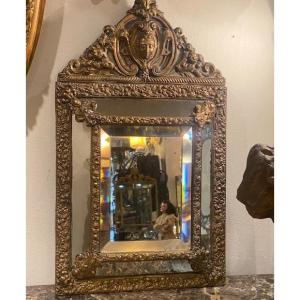 Blackened Wood And Repoussé Brass Mirror With Parecloses - Louis XIII Style, Late XIXᵉ Century
