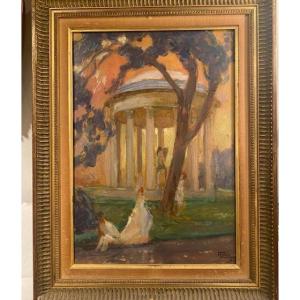 Jean-gabriel Domergue (1889-1962) - Scène De Genre Au Temple De l'Amour, Oil On Card Signed