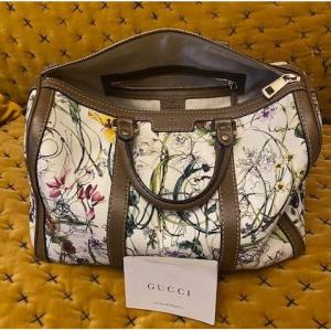 Gucci – Sac Boston « Flora Joy » – Toile imprimée et cuir – Italie