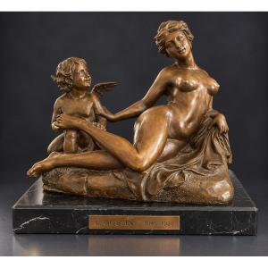 Louis Gossin (1846–1924) – Young Woman And Cupid – Bronze With A Brown Patina – Late 19th Century