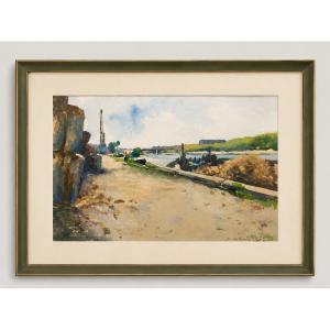 Albert Lebourg (1849–1928) – Watercolor, Barge On The Banks Of The Seine, Circa 1900