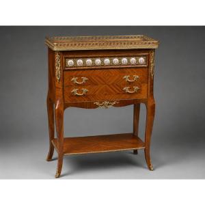 Napoleon III-style Side Table Featuring Marquetry, Bronze Accents, And Porcelain Medallions 