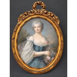 Portrait Of A Young Woman With A Bouquet – Pastel – 18th Century – Louis XVI Frame