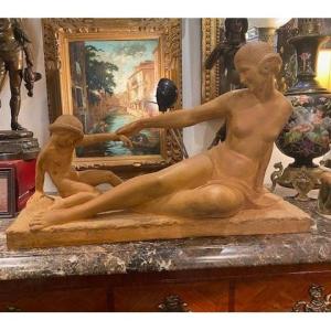 Marcel Bouraine (1886–1948) – “mother And Child” – Major Art Deco Terracotta Sculpture