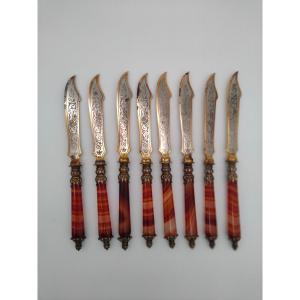 8 Knives, With Agate Handles, Silver Ferrules, Engraved Blades, Napoleon III Period, L.19.5 Cm