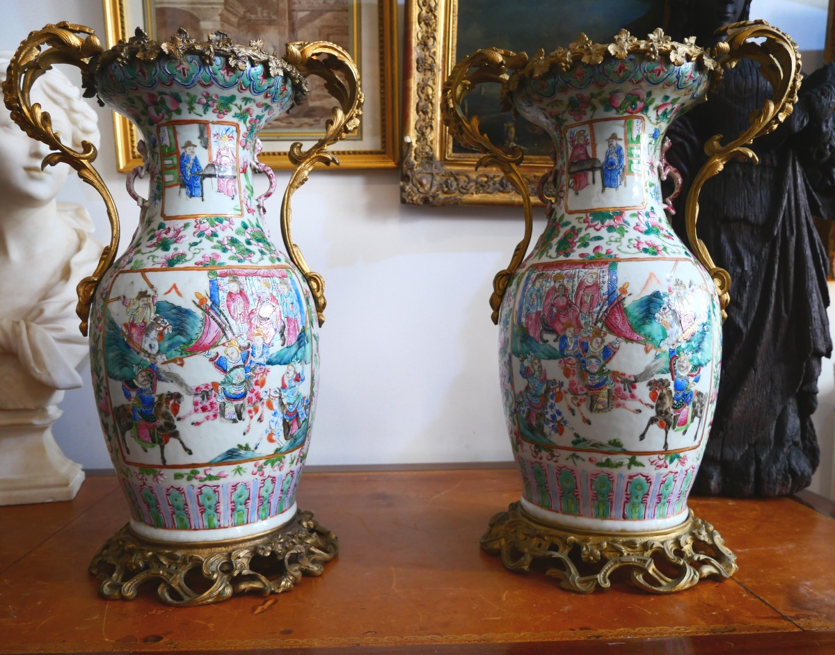 Paire de vases Chinois Monture en bronze 19e-photo-2